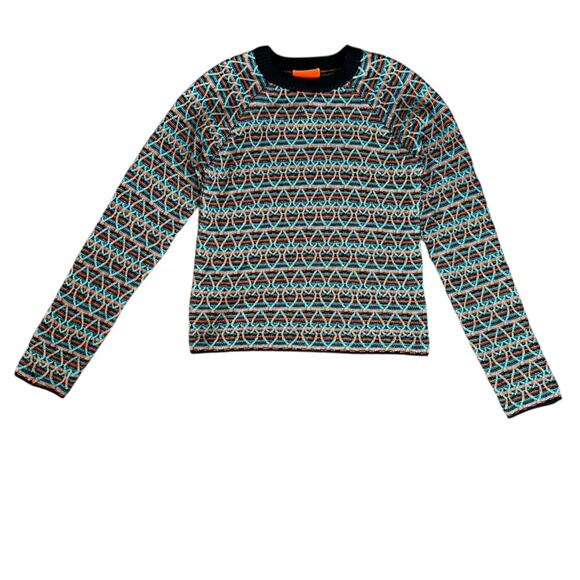 Angus Chiang Men’s Unisex Chunky Knit Interwoven Neon Orange Blue Hearts Sweater - Picture 7 of 7